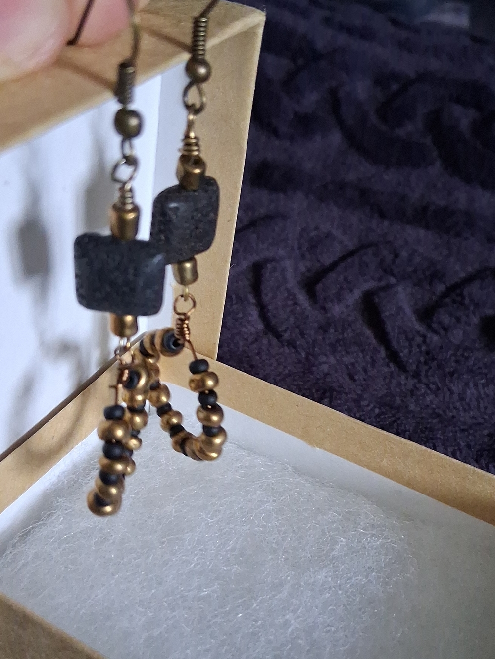 Handmade Black and Bronze Beaded Dangle Earrings